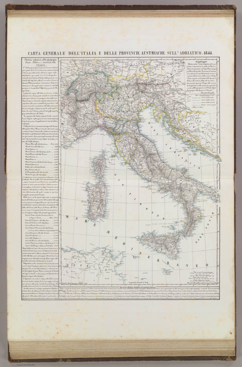 Carta generale dell'Italia del 1844, litografata a Napoli, con le note geografiche a margine.